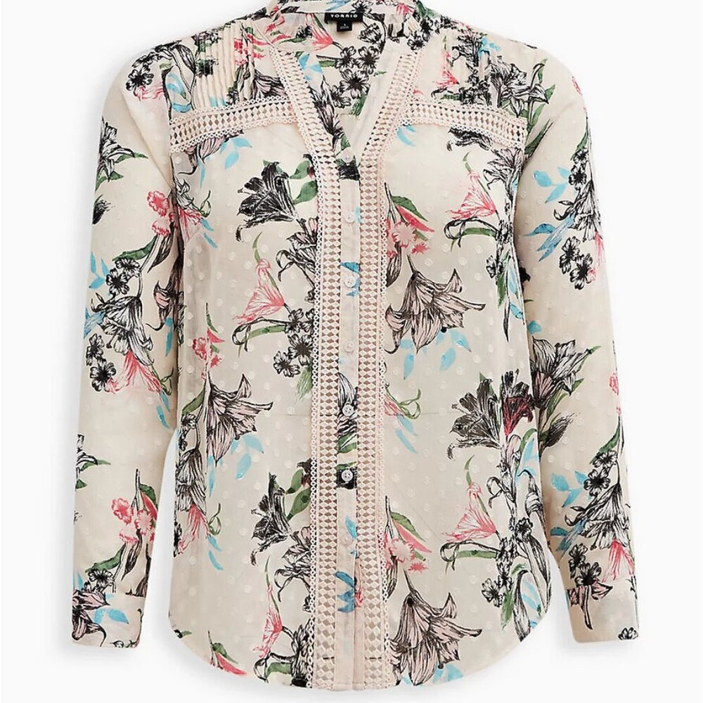 TORRID Chiffon Clip Dot W/ Lace Inset V Neck Top Floral Pink 3 Button Down